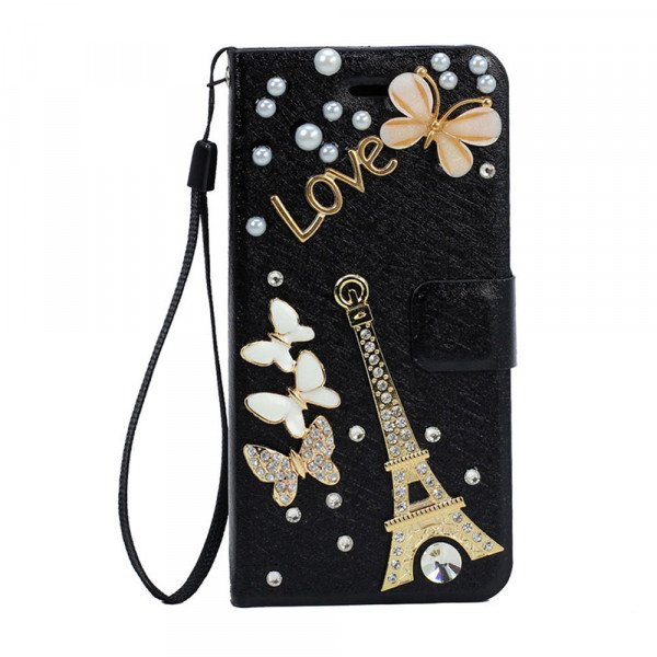 Wholesale Galaxy S6 Edge Crystal Flip Leather Wallet Case with Strap (Eiffel Tower Black)